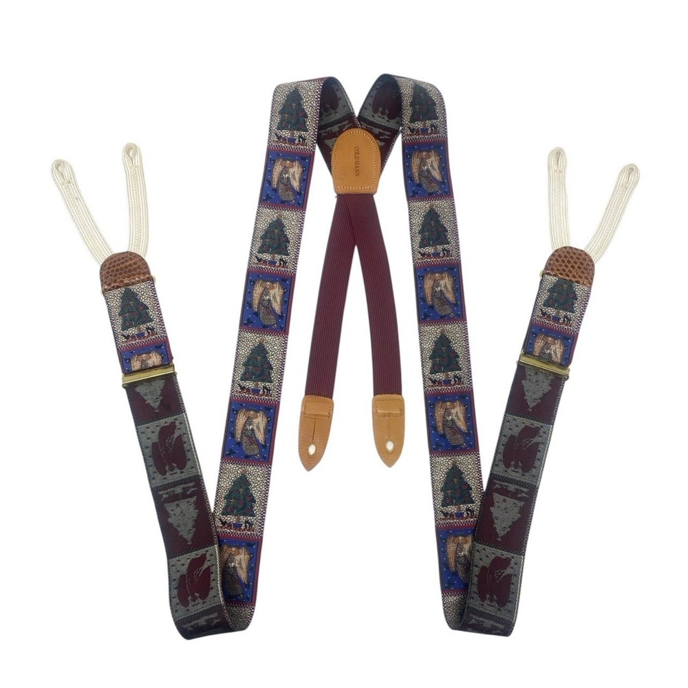 Cole Haan Christmas Tree Angel Suspenders Braces Silk Leather Embroidered - Picture 2 of 5